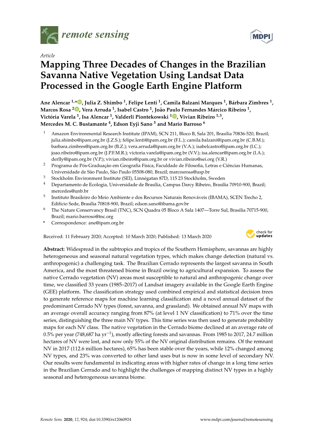 Mapping Three Decades of Changes in the Brazilian Savanna Native Vegetation Using Landsat Data Processed in the Google Earth Engine Platform