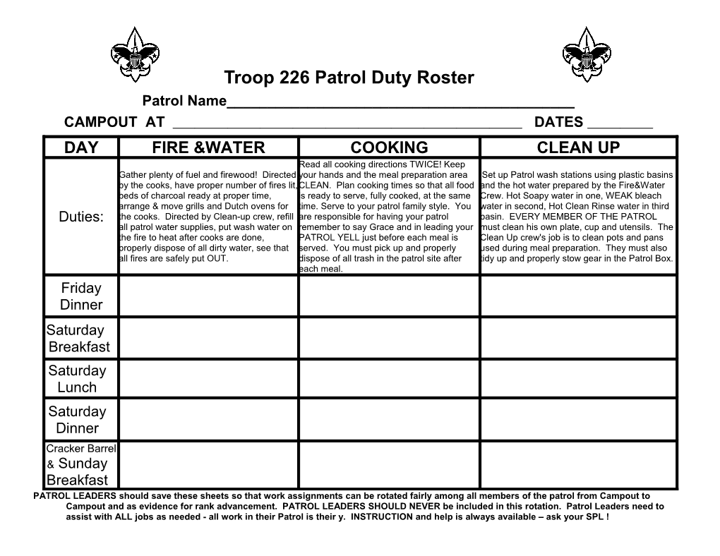 Troop 215 Patrol Duty Roster