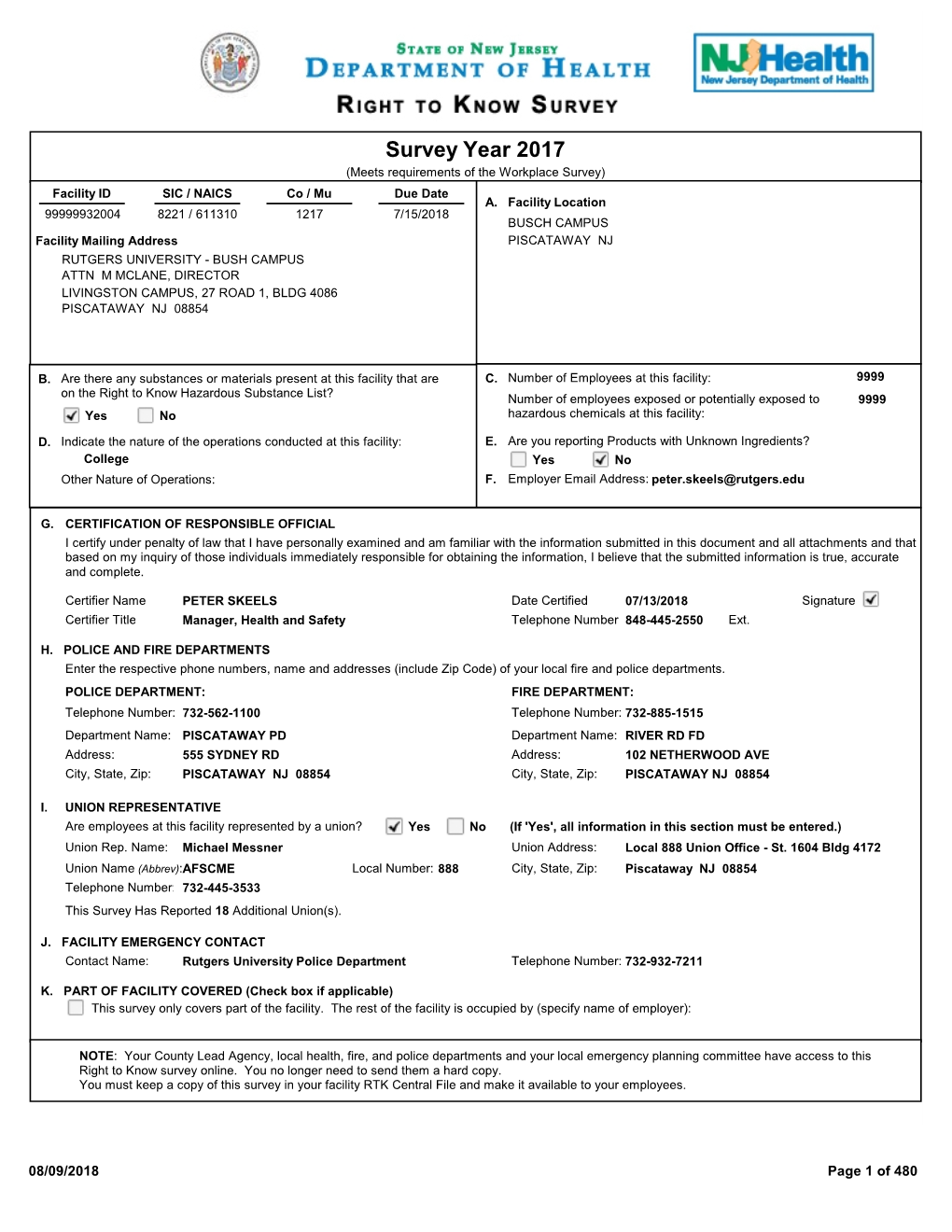 Survey Year 2017 (Meets Requirements of the Workplace Survey) Facility ID SIC / NAICS Co / Mu Due Date A