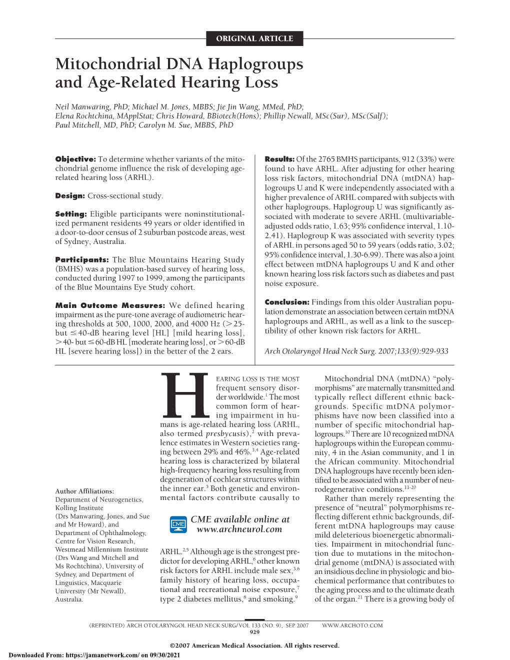 Mitochondrial DNA Haplogroups and Age-Related Hearing Loss