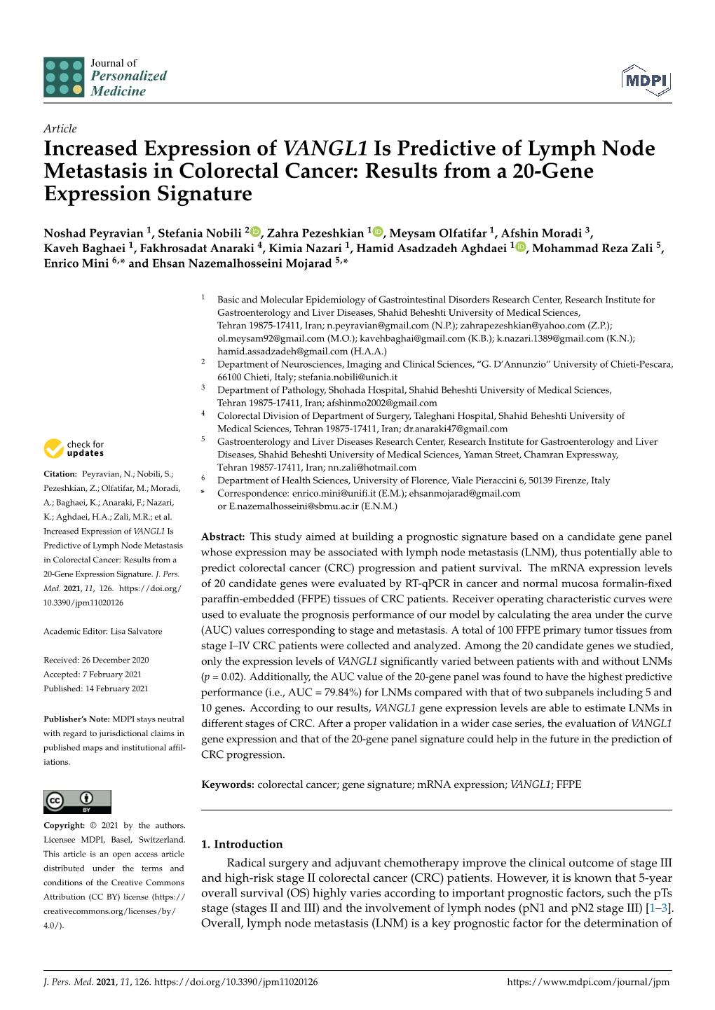 Increased Expression of VANGL1 Is Predictive of Lymph Node Metastasis in Colorectal Cancer: Results from a 20-Gene Expression Signature