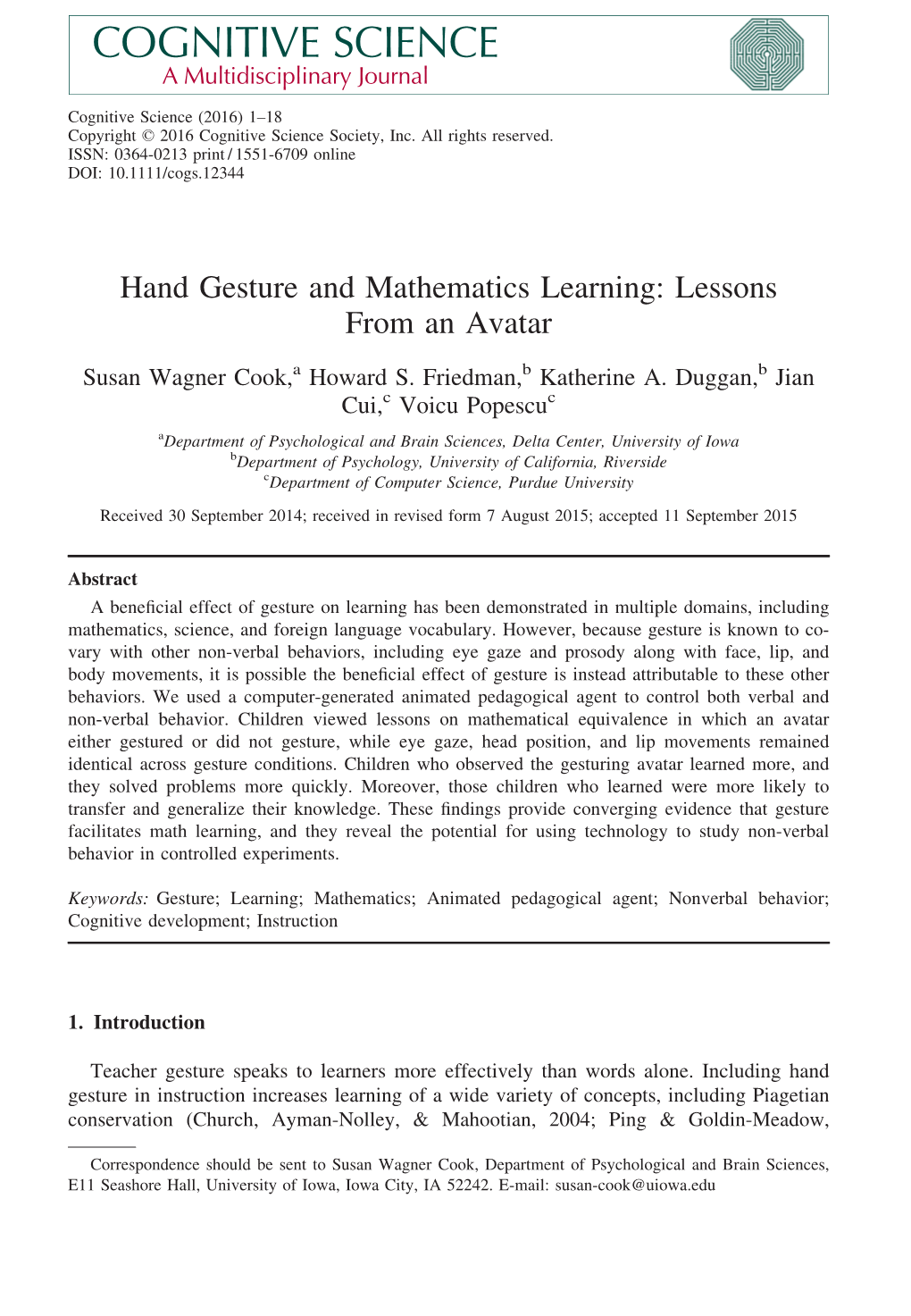Hand Gesture and Mathematics Learning: Lessons from an Avatar