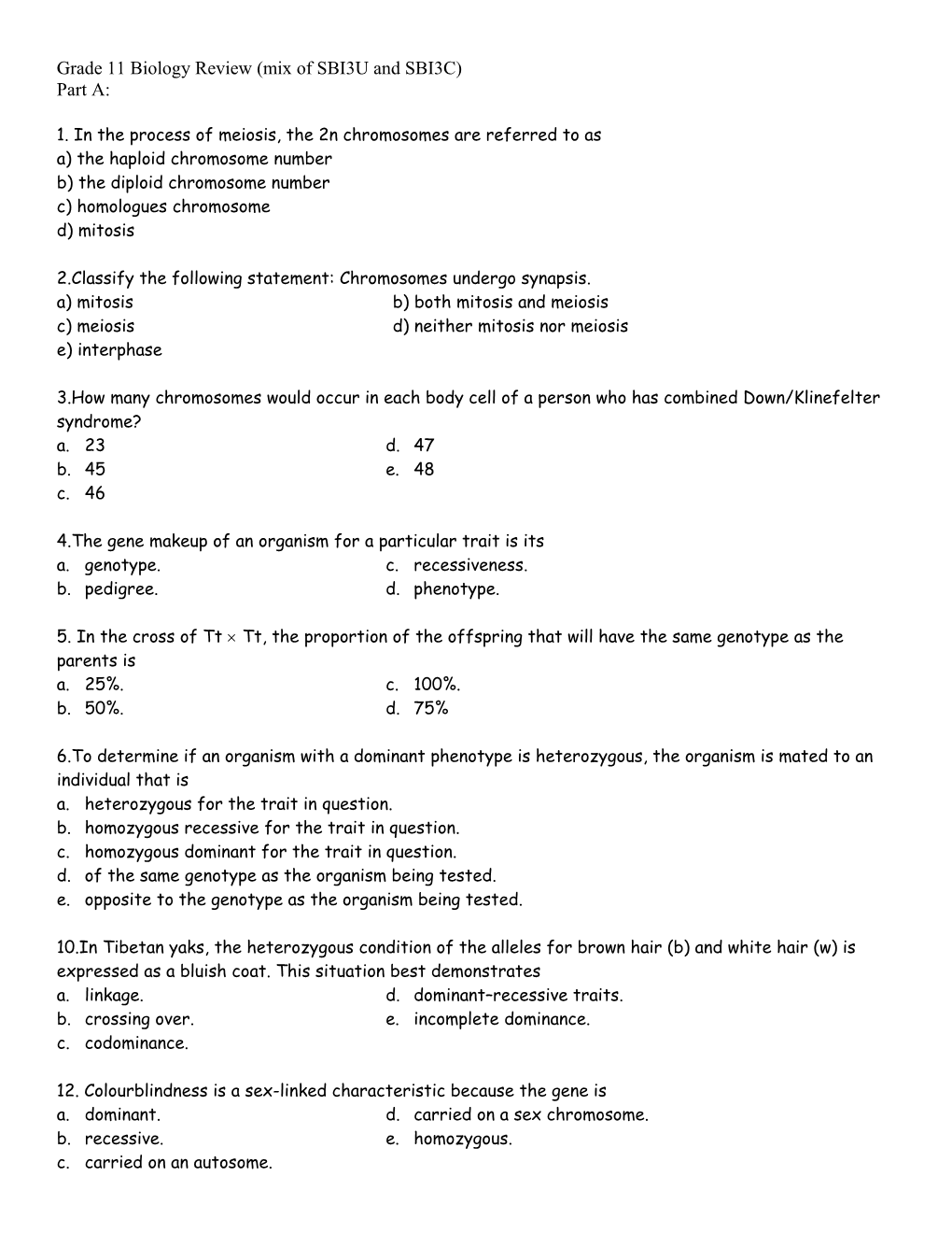 Grade 11 Biology Review (Mix of SBI3U and SBI3C)