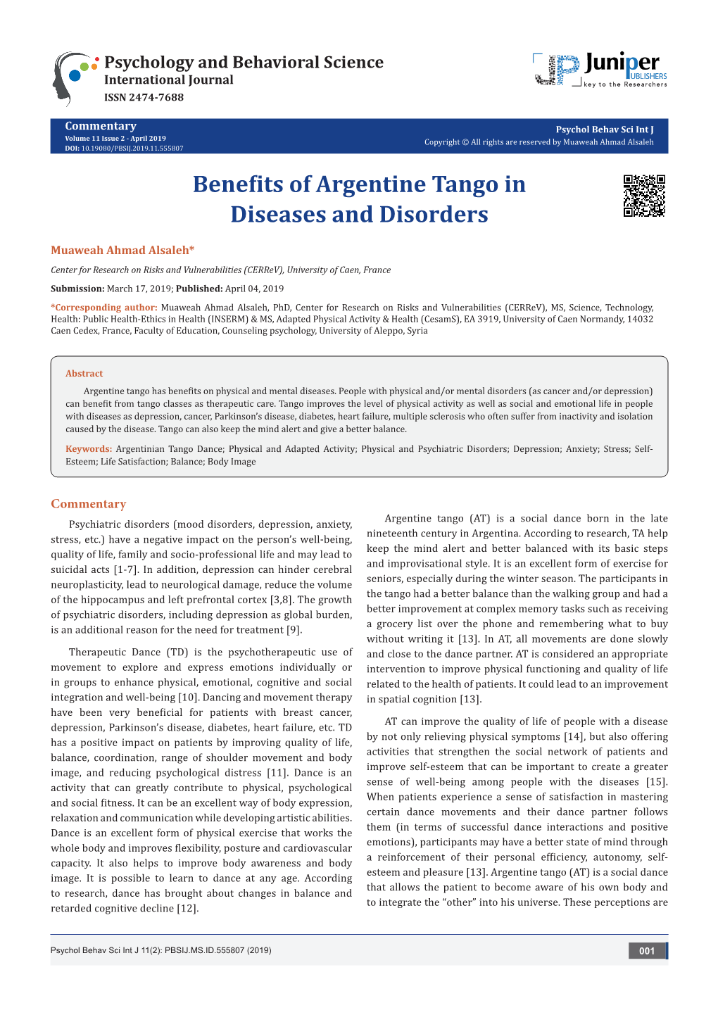 Benefits of Argentine Tango in Diseases and Disorders