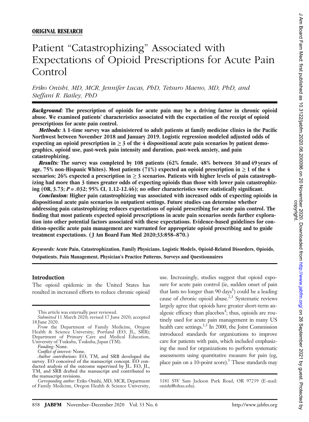 Associated with Expectations of Opioid Prescriptions for Acute Pain Control