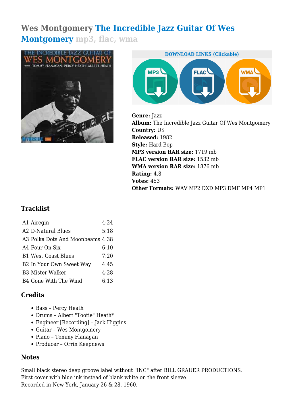 Wes Montgomery the Incredible Jazz Guitar of Wes Montgomery Mp3, Flac, Wma