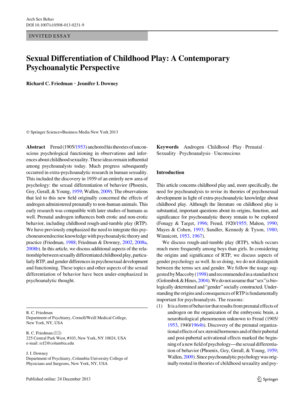 Sexual Differentiation of Childhood Play: a Contemporary Psychoanalytic Perspective