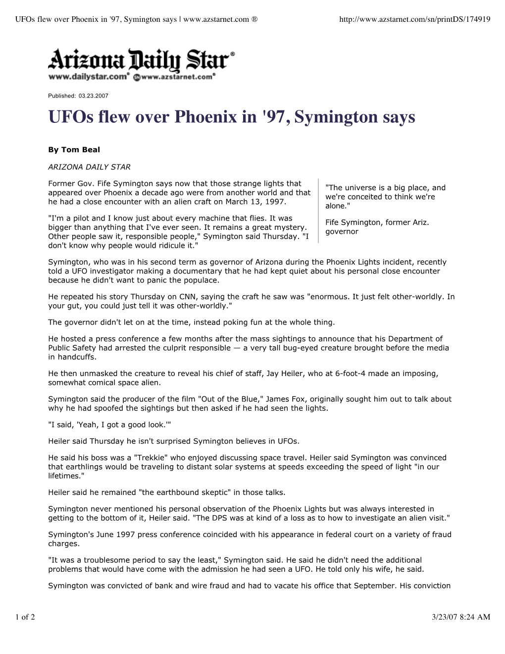 Ufos Flew Over Phoenix in '97, Symington Says | ®