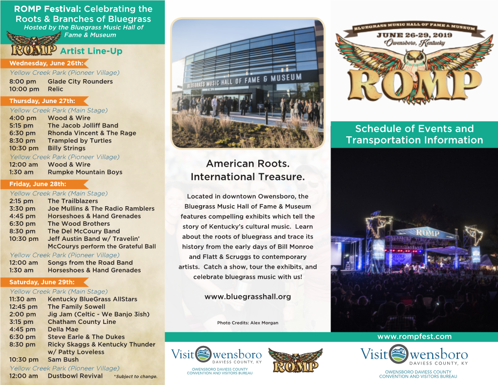 American Roots. International Treasure. Schedule of Events And