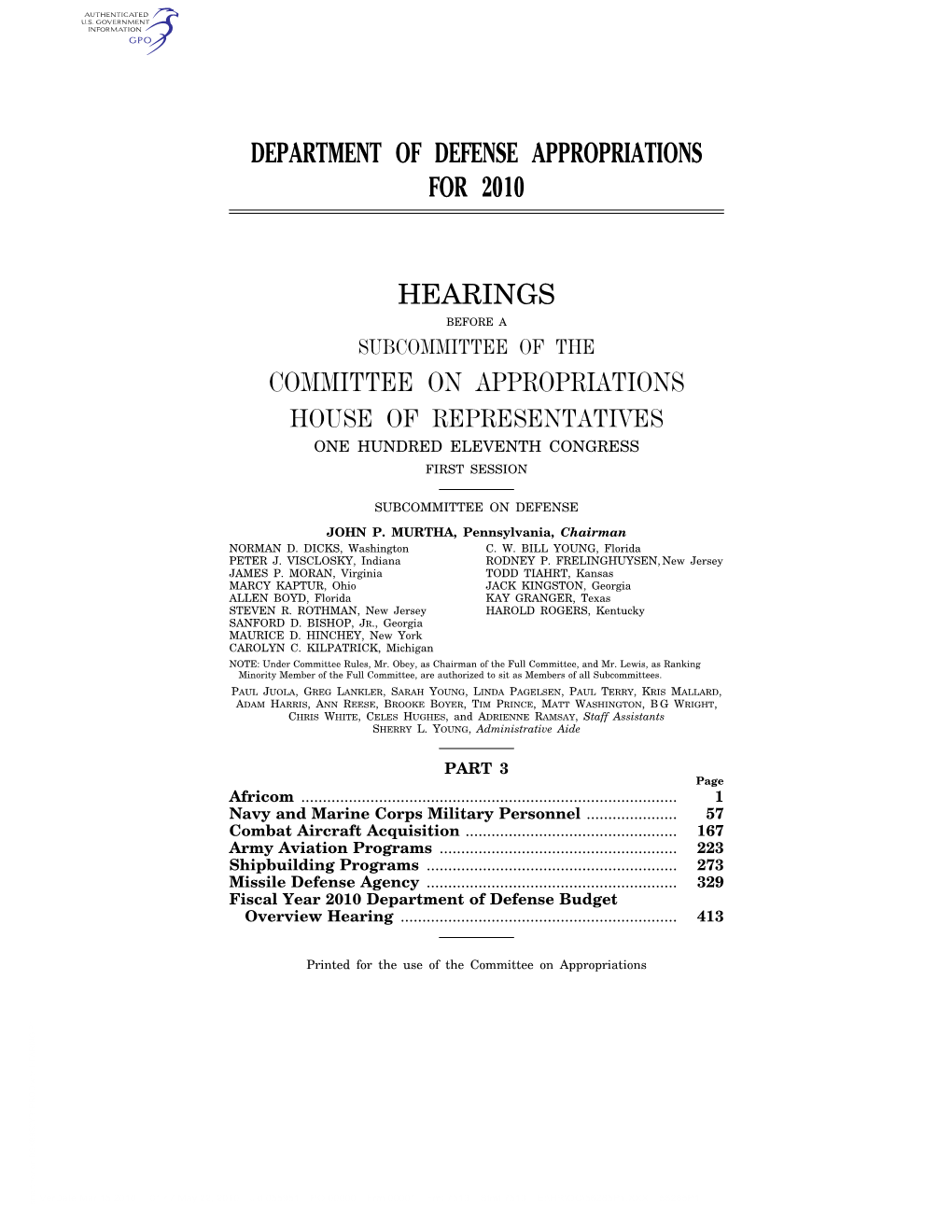 Department of Defense Appropriations for 2010 Hearings Committee on Appropriations