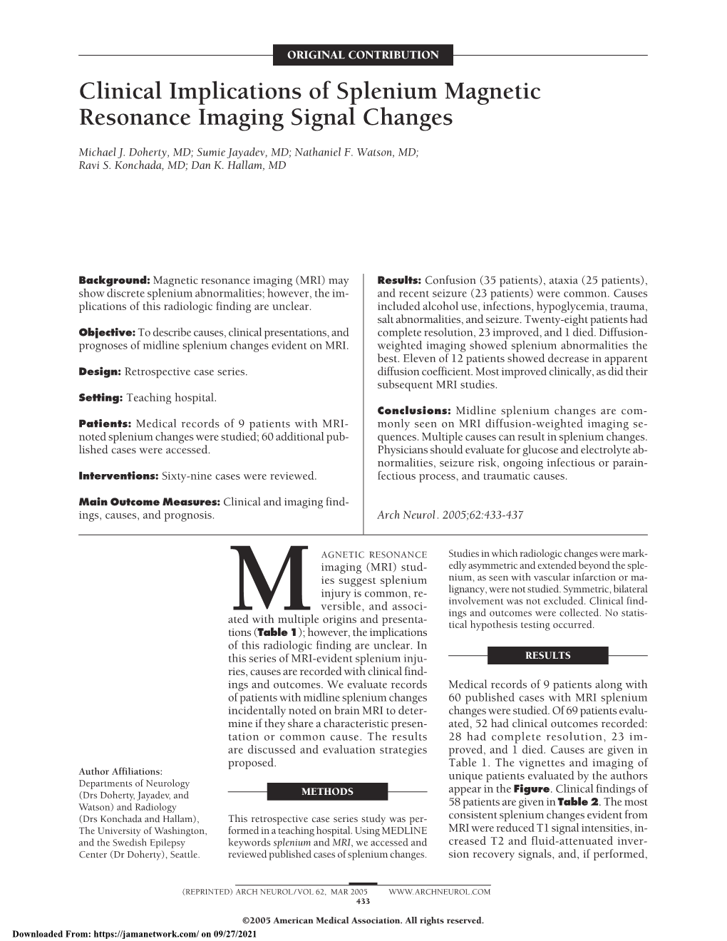 Clinical Implications of Splenium Magnetic Resonance Imaging Signal Changes