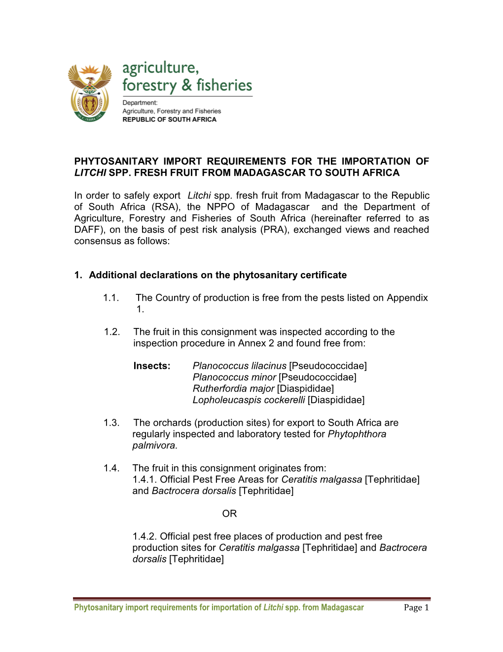 Phytosanitary Import Requirements for Importation of Litchi Madagascar To