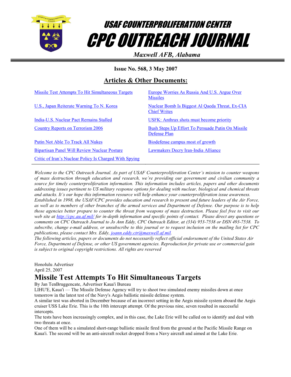 USAF Counterproliferation Center CPC Outreach Journal #568