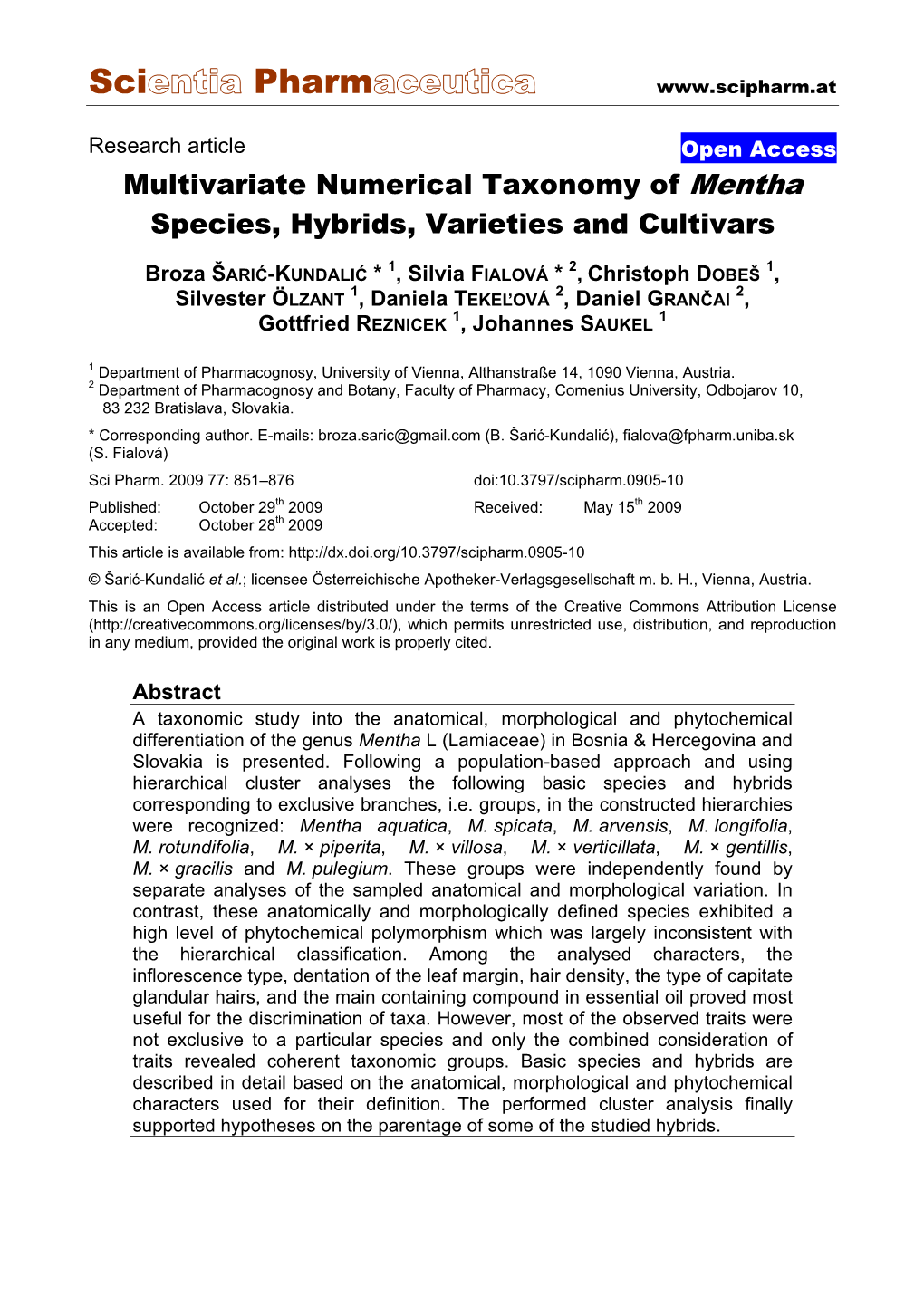 Multivariate Numerical Taxonomy of Mentha Species, Hybrids, Varieties and Cultivars