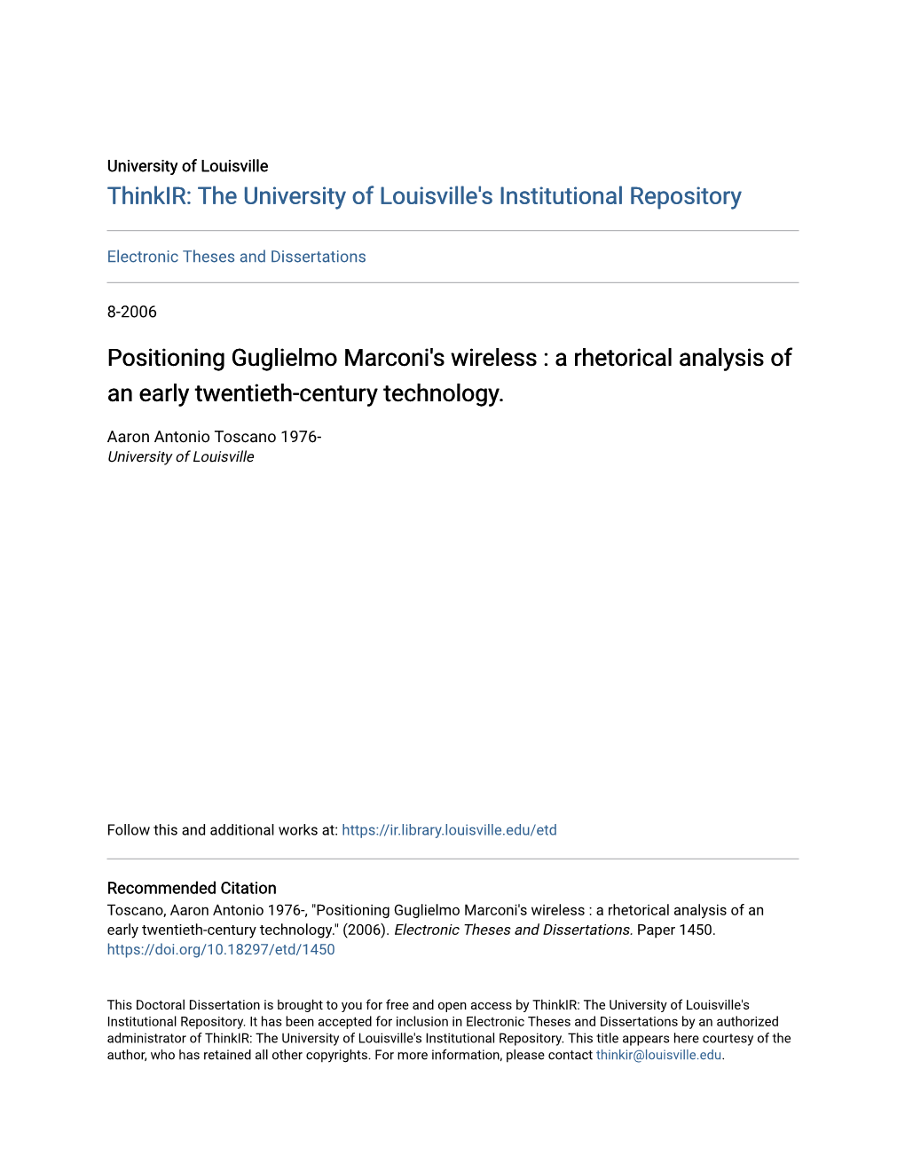 Positioning Guglielmo Marconi's Wireless : a Rhetorical Analysis of an Early Twentieth-Century Technology