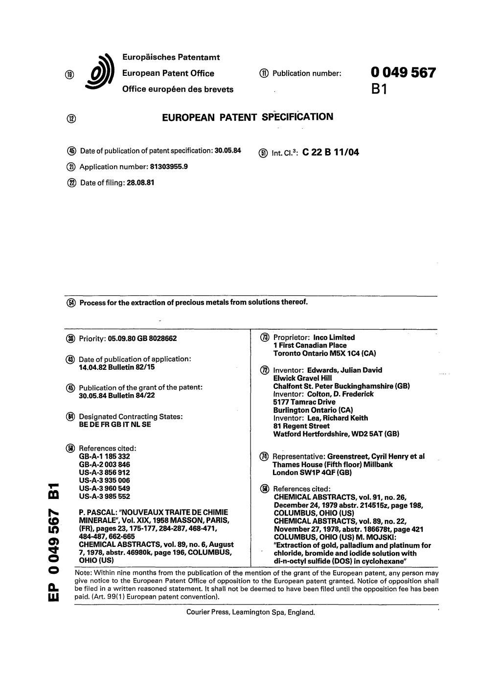 Process for the Extraction of Precious Metals from Solutions Thereof