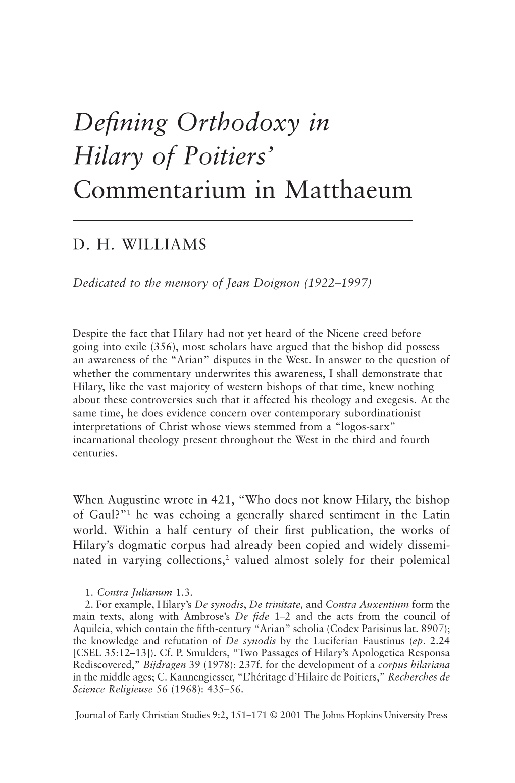 Defining Orthodoxy in Hilary of Poitiers' Commentarium in Matthaeum