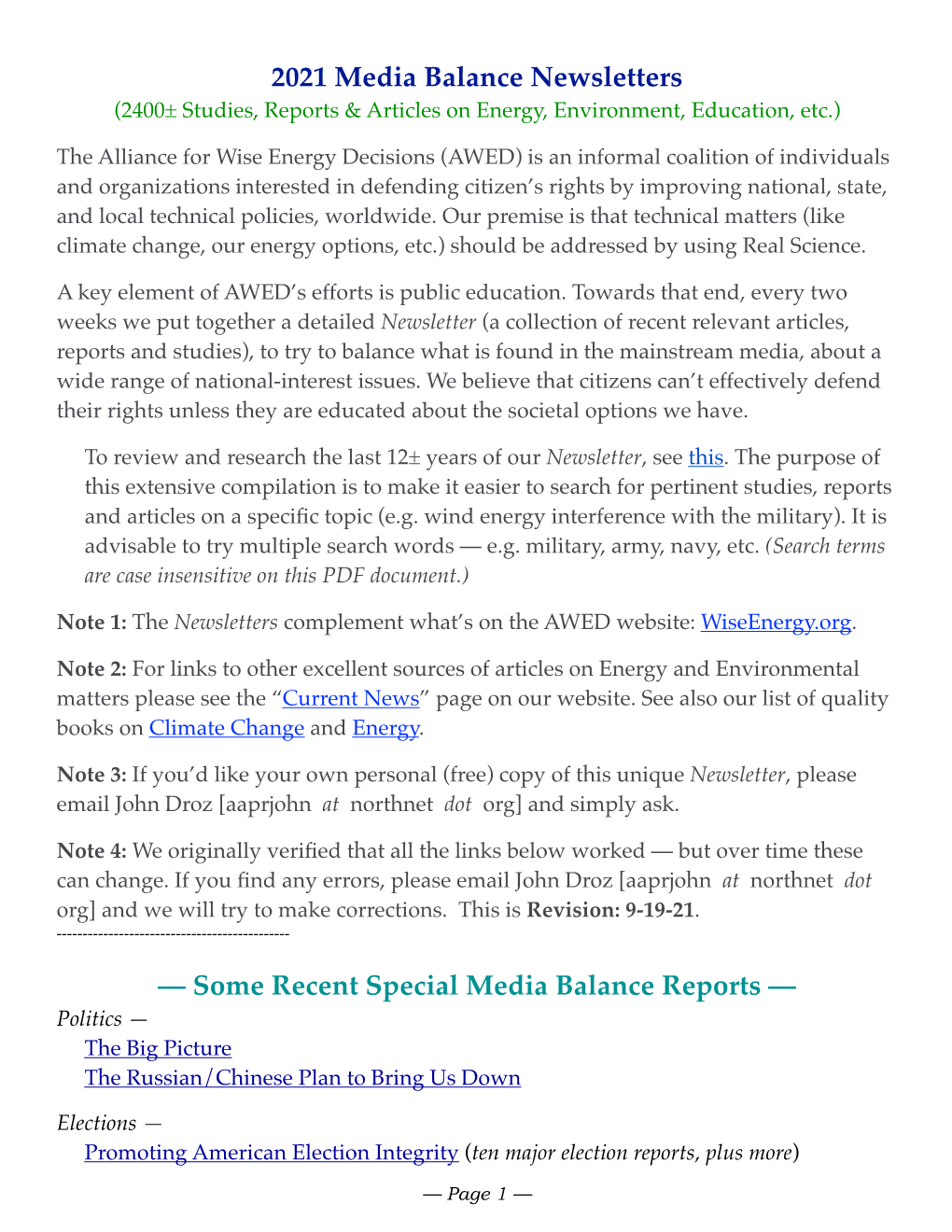 2021 Media Balance Newsletters (2400± Studies, Reports & Articles on Energy, Environment, Education, Etc.)