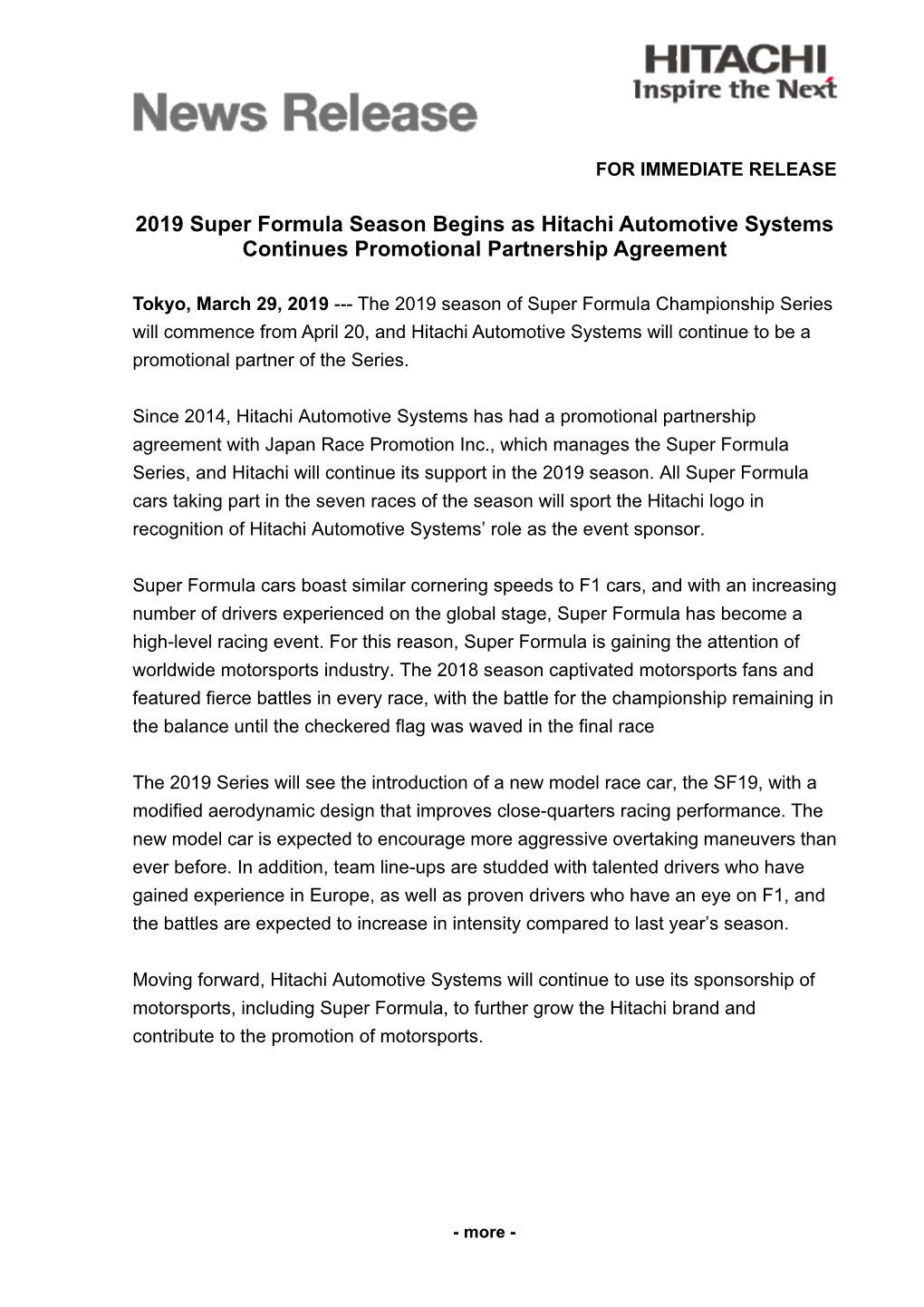2019 Super Formula Season Begins As Hitachi Automotive Systems Continues Promotional Partnership Agreement
