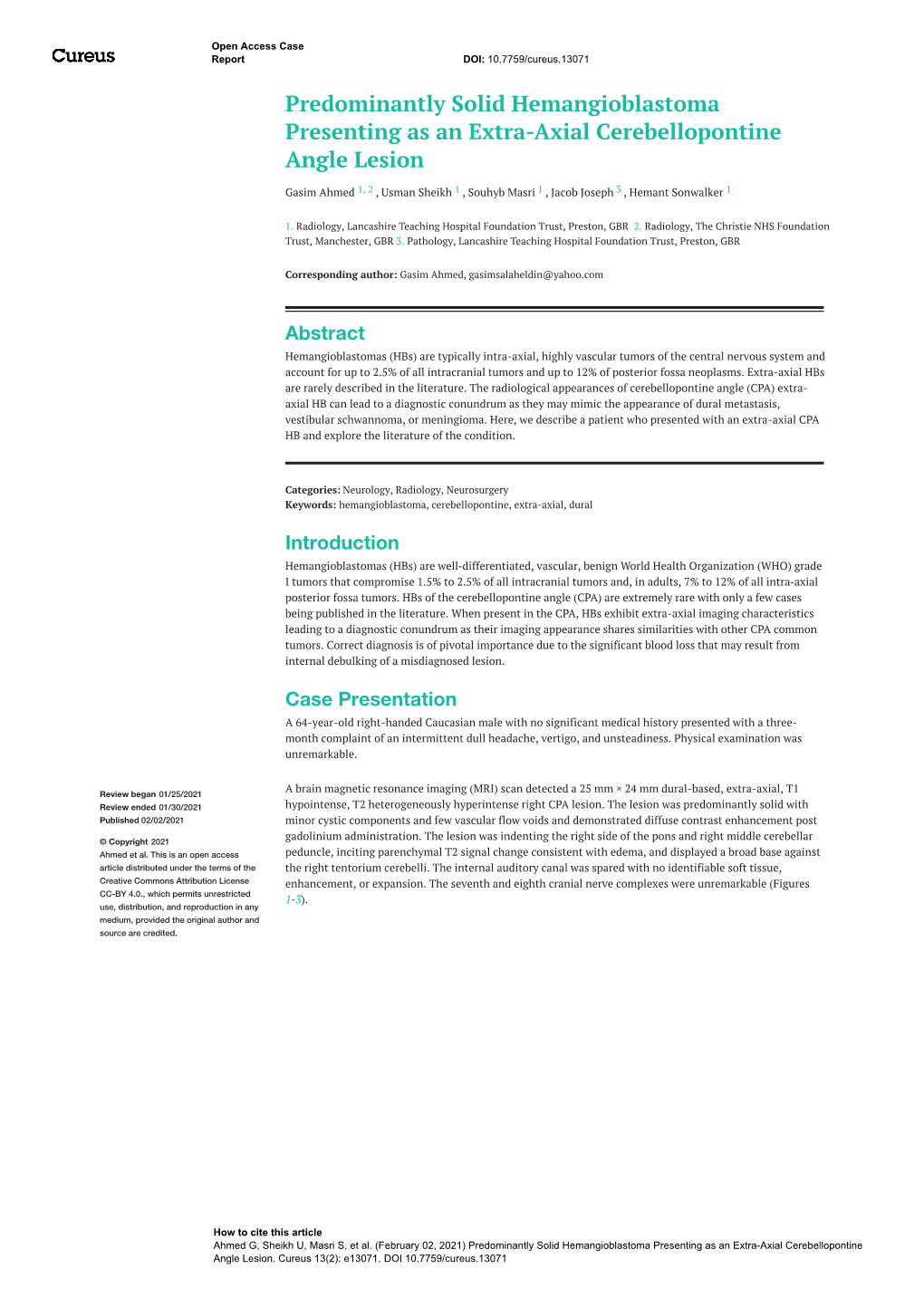 Predominantly Solid Hemangioblastoma Presenting As an Extra-Axial Cerebellopontine Angle Lesion