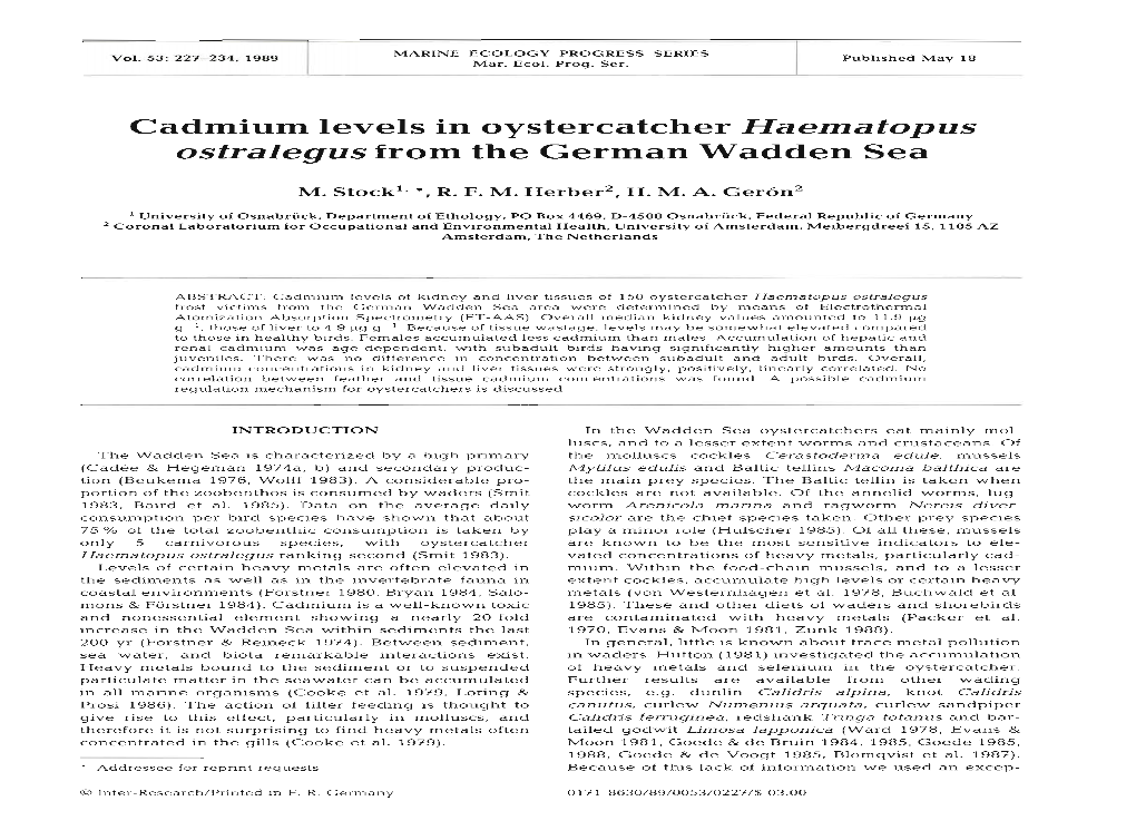 Cadmium Levels in Oystercatcher Haematopus Ostralegus from the German Wadden Sea