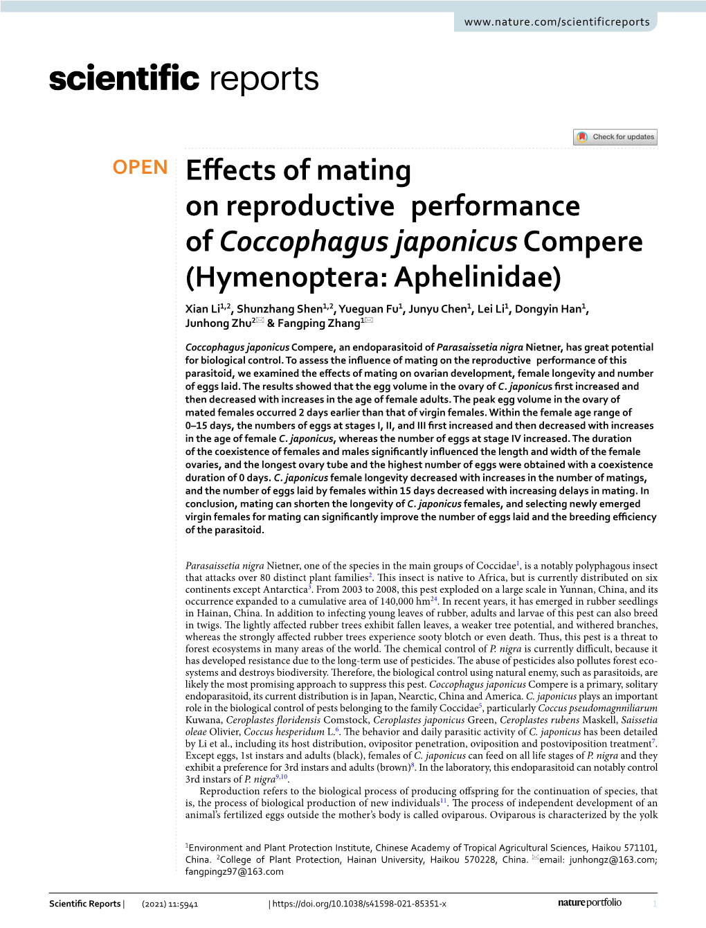 Effects of Mating on Reproductive Performance of Coccophagus