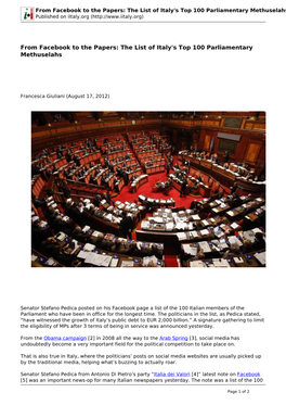 From Facebook to the Papers: the List of Italy's Top 100 Parliamentary Methuselahs Published on Iitaly.Org (