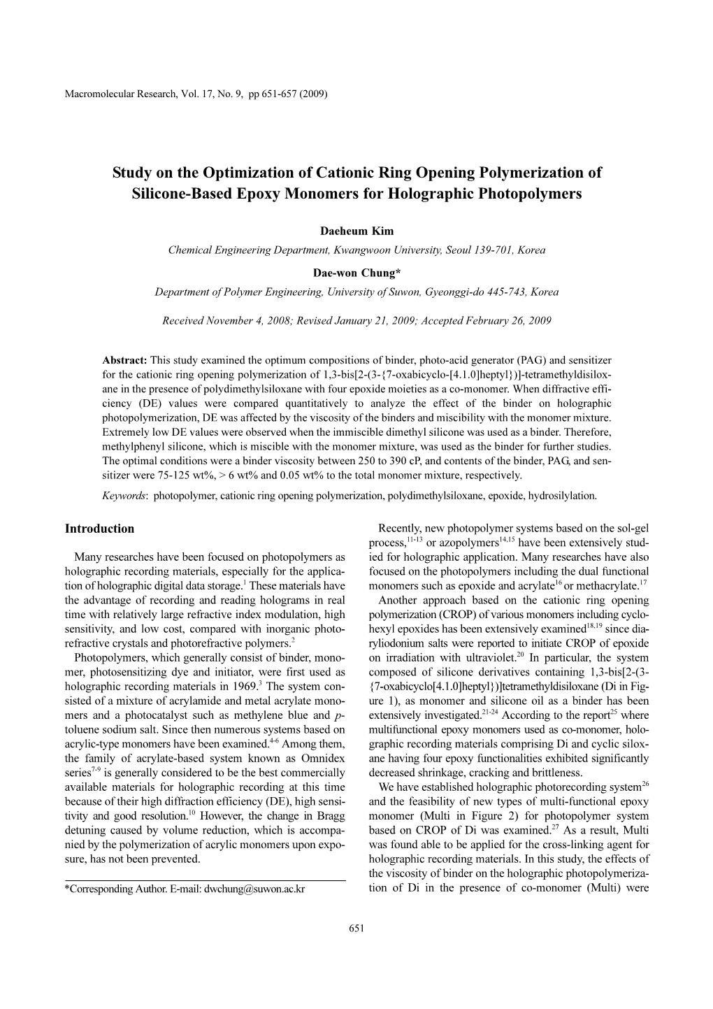 Study on the Optimization of Cationic Ring Opening Polymerization of Silicone-Based Epoxy Monomers for Holographic Photopolymers