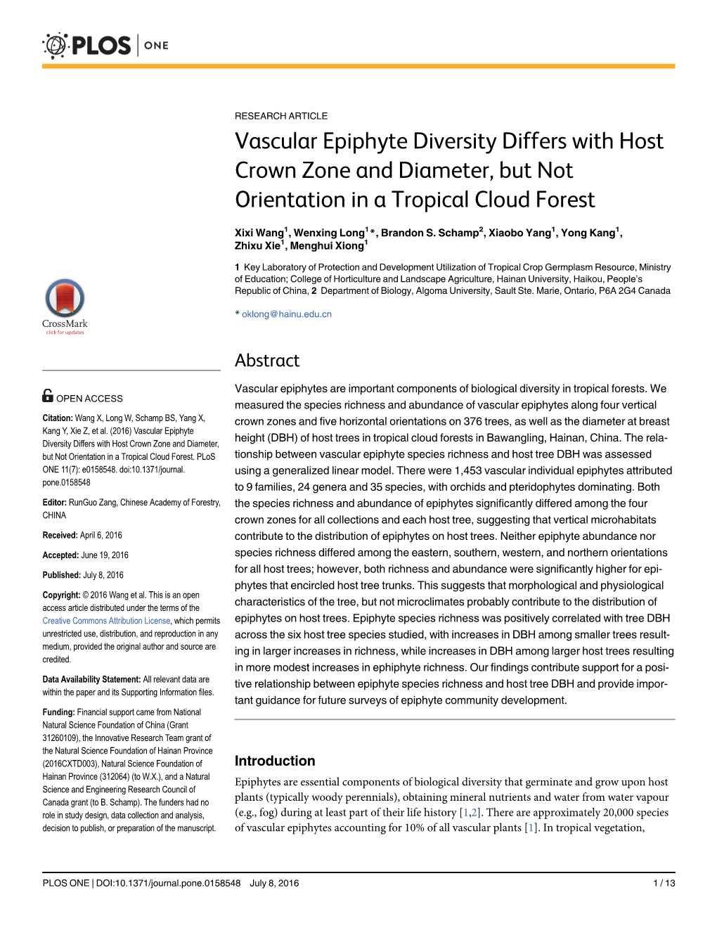 Vascular Epiphyte Diversity Differs with Host Crown Zone and Diameter, but Not Orientation in a Tropical Cloud Forest