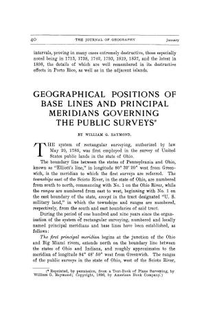 Geographical Positions of Base Lines and Principal Meridians Governing the Public Surveys”