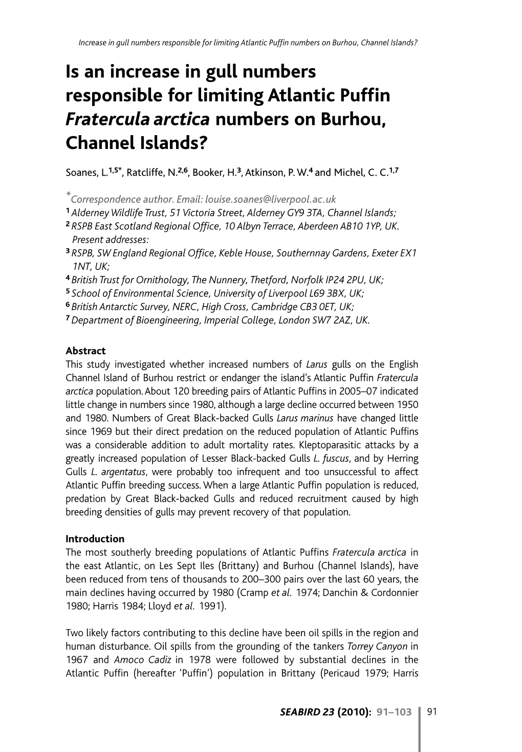 Is an Increase in Gull Numbers Responsible for Limiting Atlantic Puffin Fratercula Arctica Numbers on Burhou, Channel Islands?