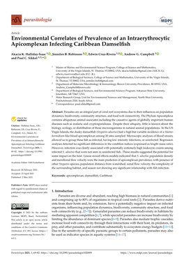 Environmental Correlates of Prevalence of an Intraerythrocytic Apicomplexan Infecting Caribbean Damselﬁsh