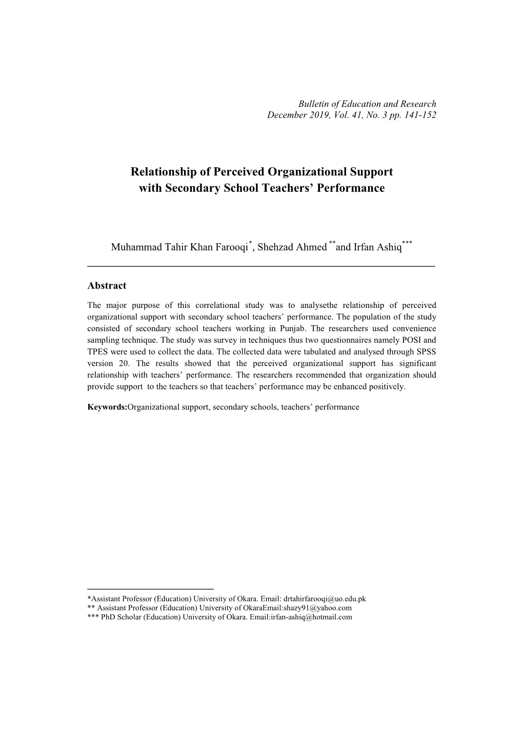 Relationship of Perceived Organizational Support with Secondary School Teachers’ Performance