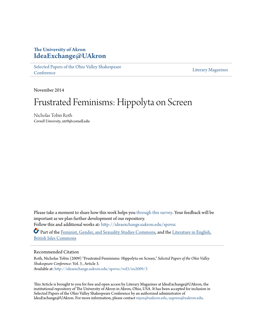 Frustrated Feminisms: Hippolyta on Screen Nicholas Tobin Roth Cornell University, Ntr9@Cornell.Edu