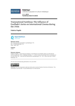 Belphégor, 11-1 | 2013 Transnational Fantômas: the Influence of Feuillade’S Series on International