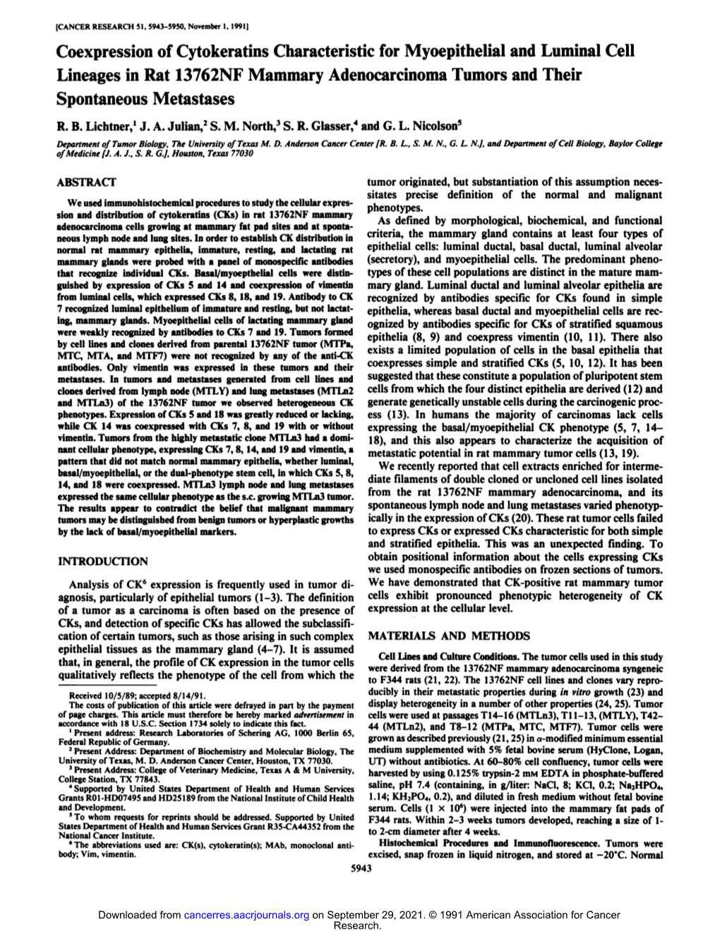 Coexpression of Cytokeratins Characteristic for Myoepithelial And