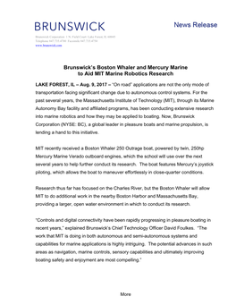 Brunswick's Boston Whaler and Mercury Marine to Aid MIT Marine Robotics Research