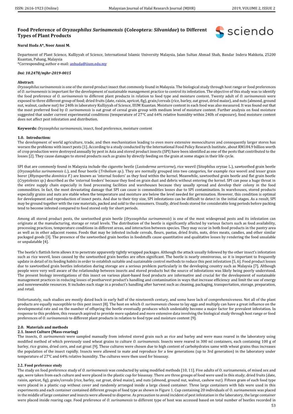 Food Preference of Oryzaephilus Surinamensis (Coleoptera: Silvanidae) to Different Types of Plant Products