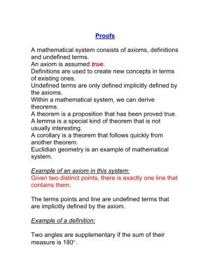 Proofs a Mathematical System Consists of Axioms, Definitions And