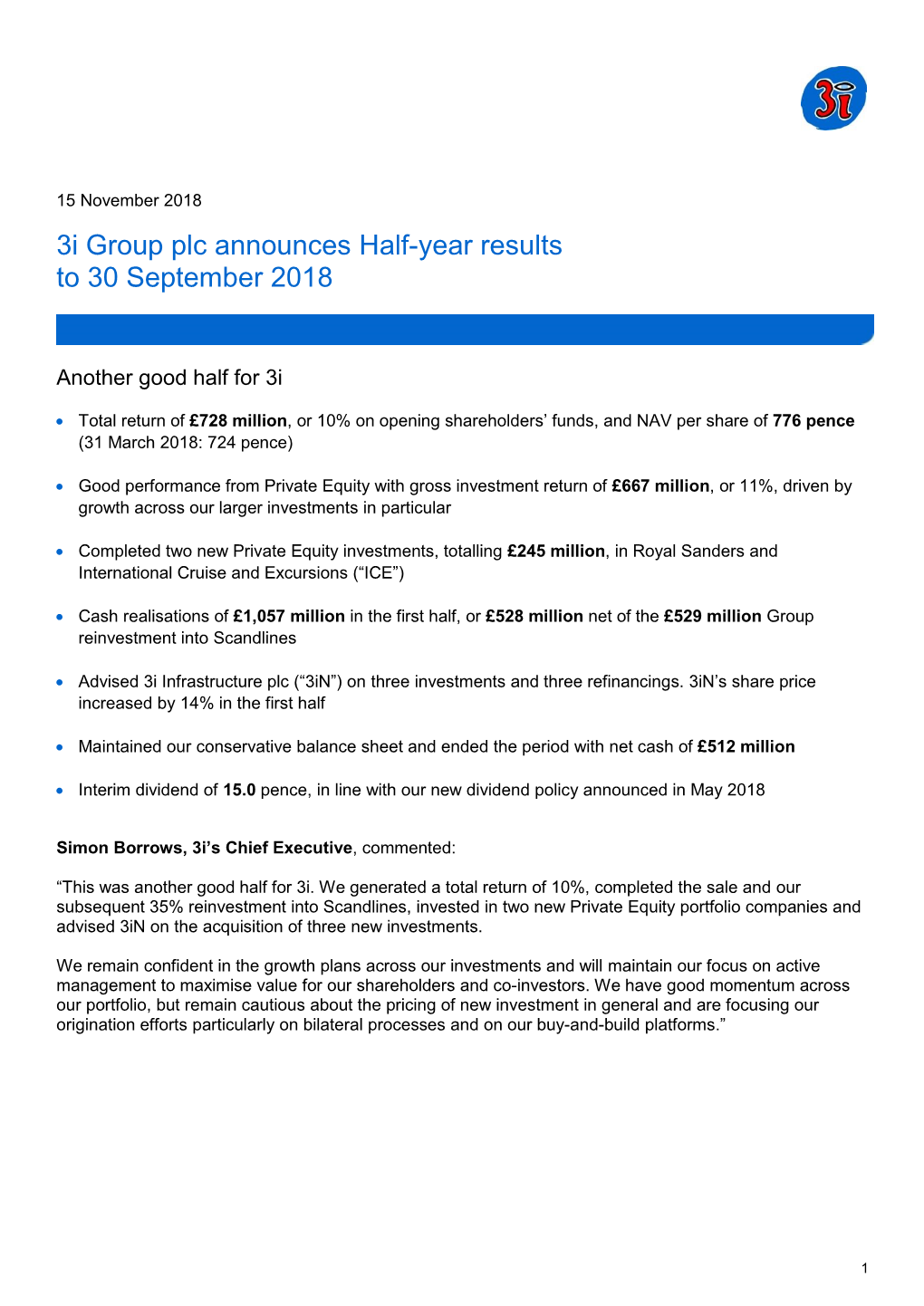 3I Group Plc Announces Half-Year Results to 30 September 2018