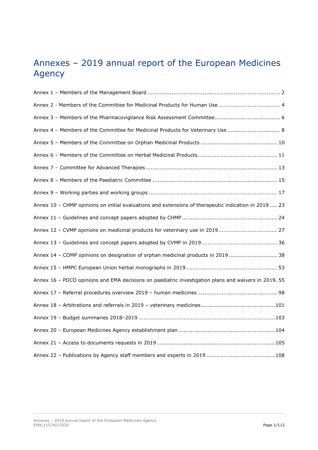 Annexes to the 2019 Annual Report of the European Medicines Agency