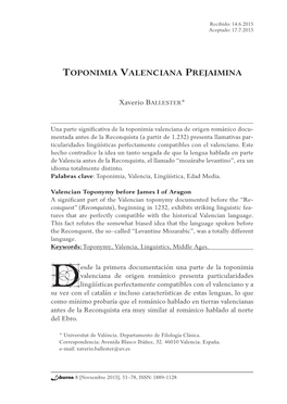 Toponimia Valenciana Prejaimina