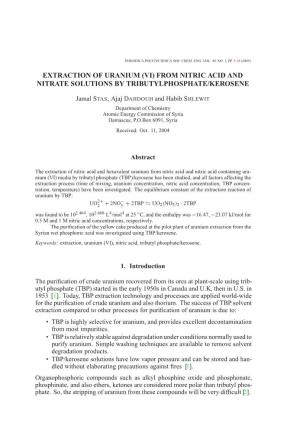 Extraction of Uranium (Vi) from Nitric Acid and Nitrate Solutions by Tributylphosphate/Kerosene