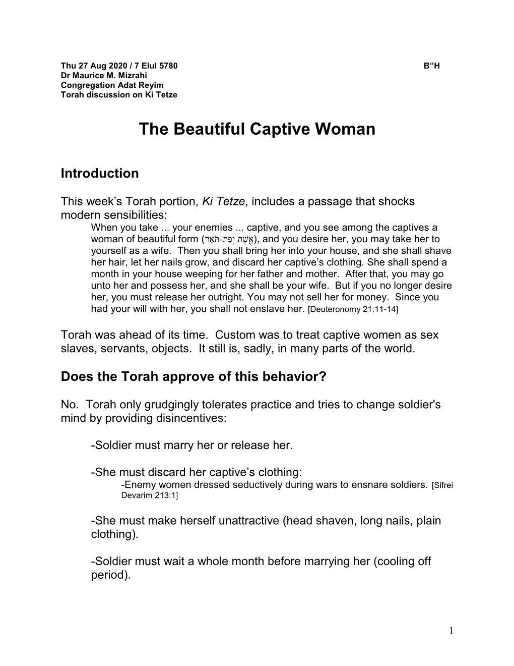 The Beautiful Captive Woman (Ki Tetze)