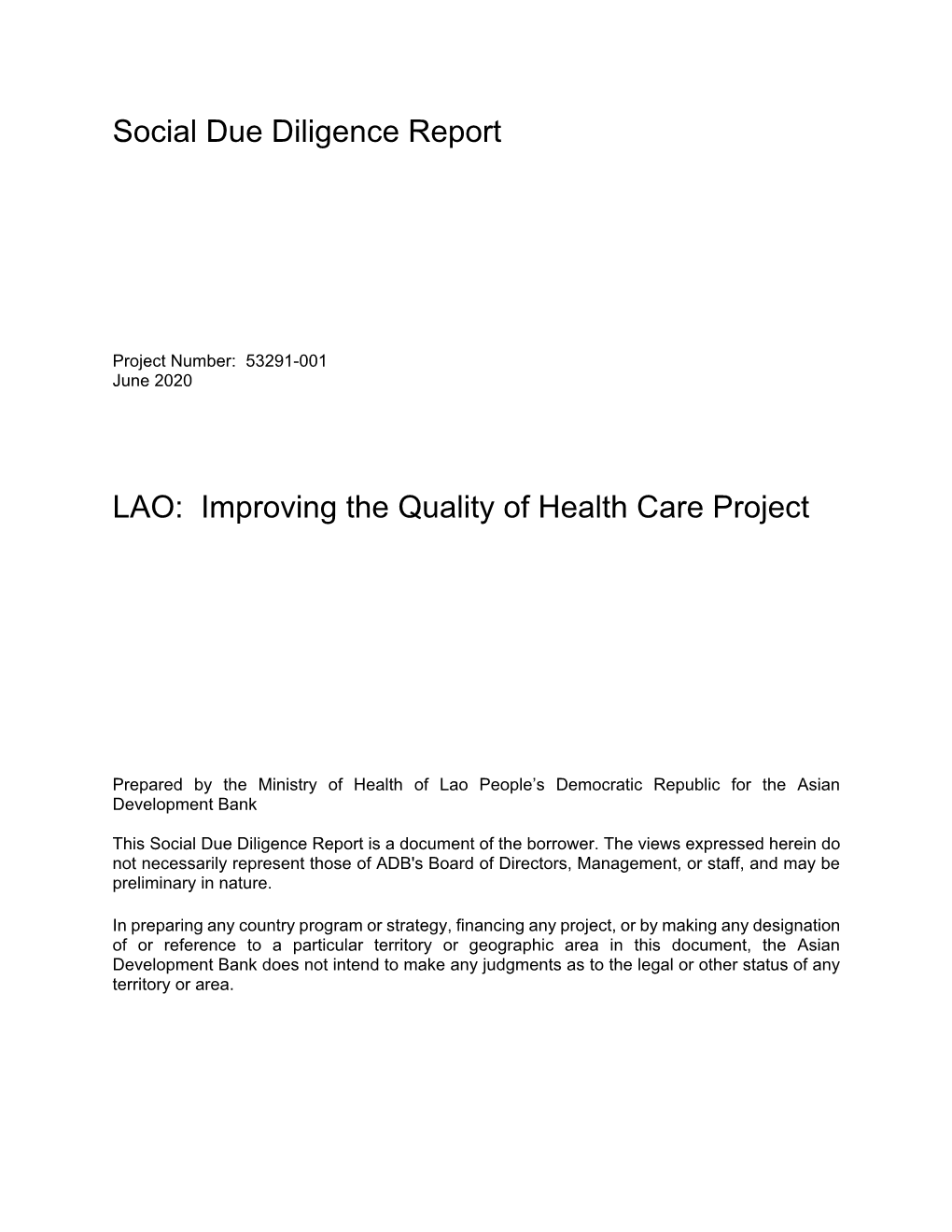 Social Due Diligence Report LAO: Improving the Quality of Health