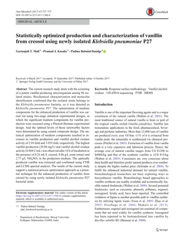 Statistically Optimized Production and Characterization of Vanillin from Creosol Using Newly Isolated Klebsiella Pneumoniae P27