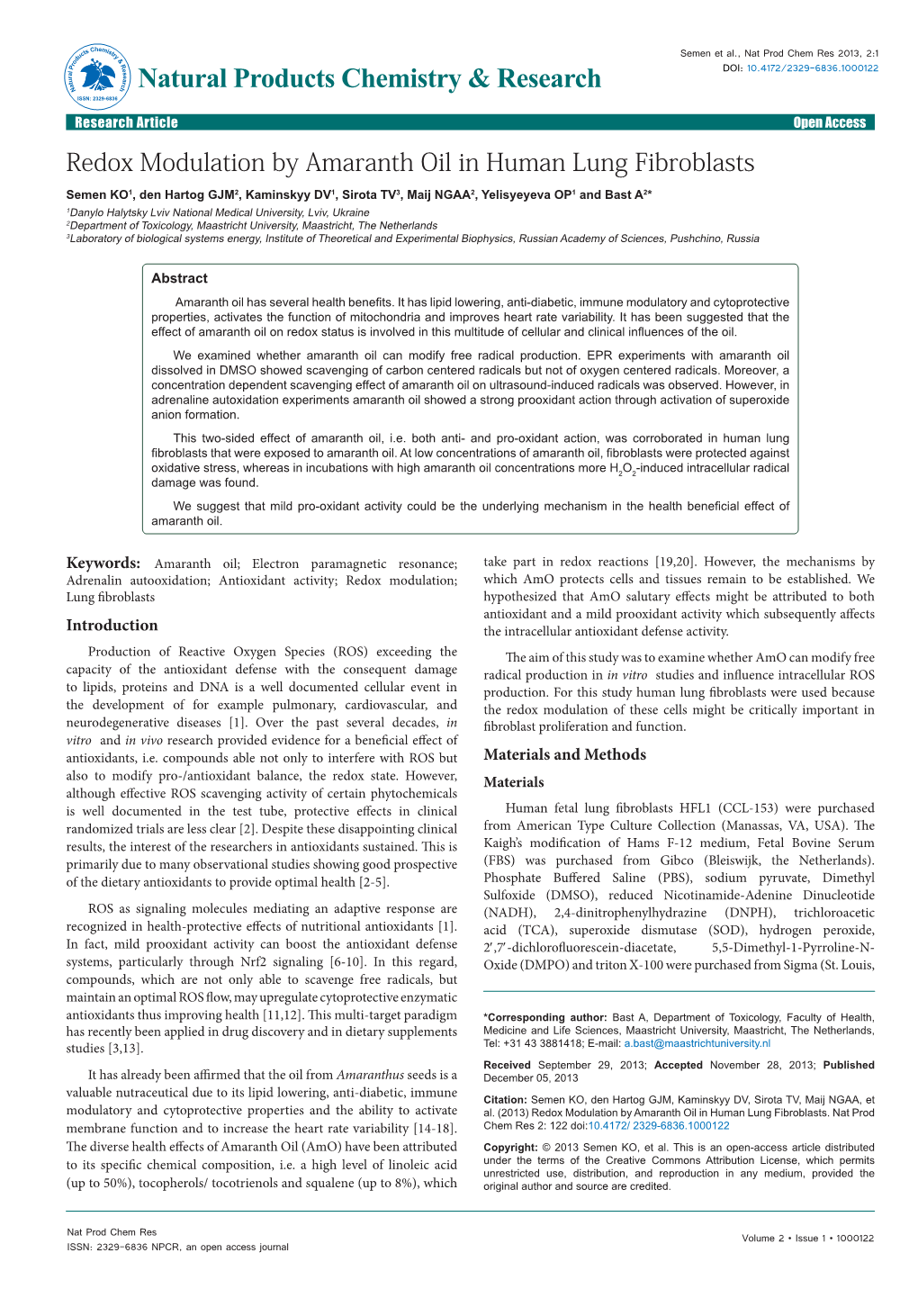 Redox Modulation by Amaranth Oil in Human Lung Fibroblasts