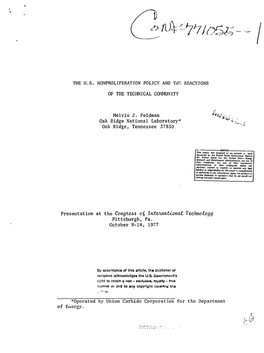 The U.S. Nonproliferation Policy and Thh Reactions of the Technical Community