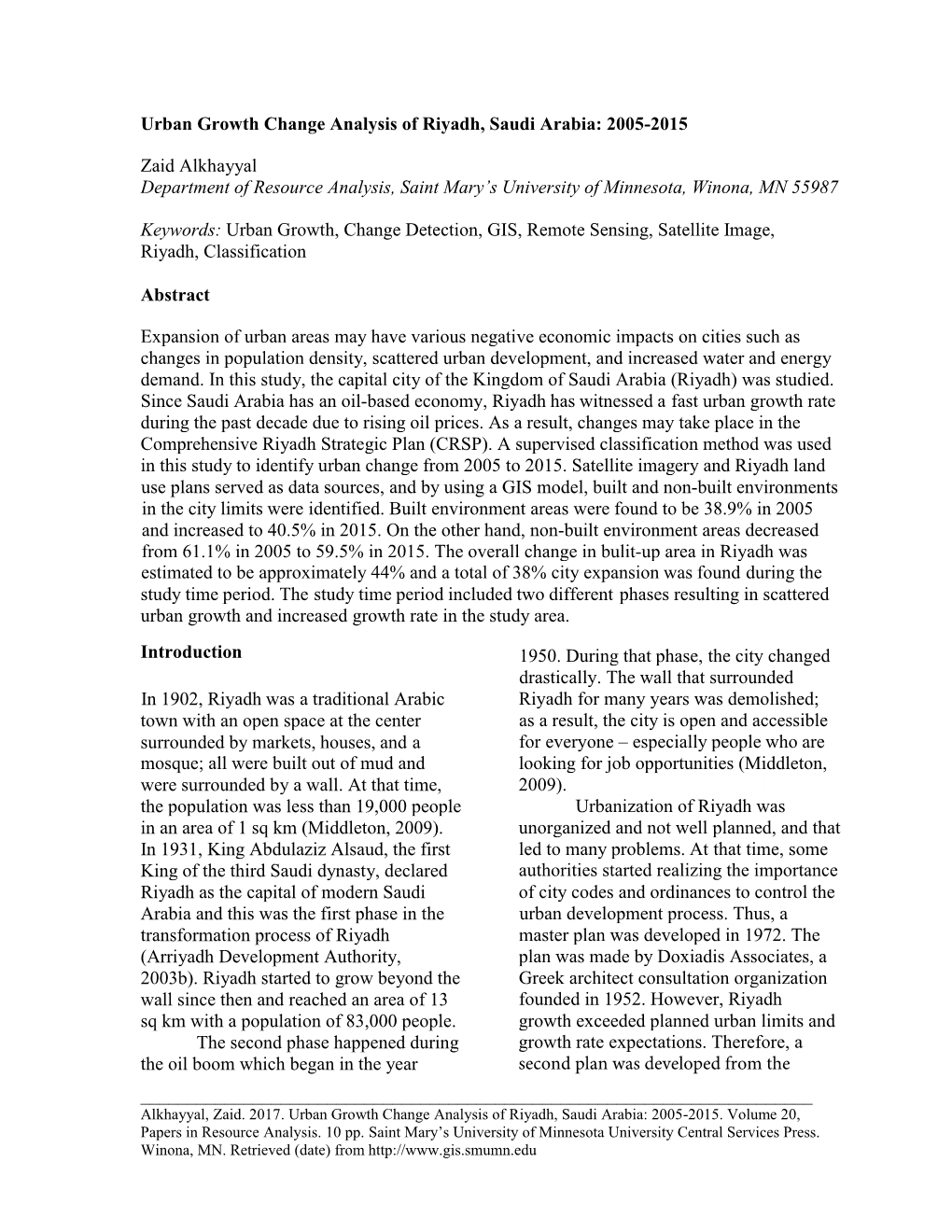 Urban Growth Change Analysis of Riyadh, Saudi Arabia: 2005-2015