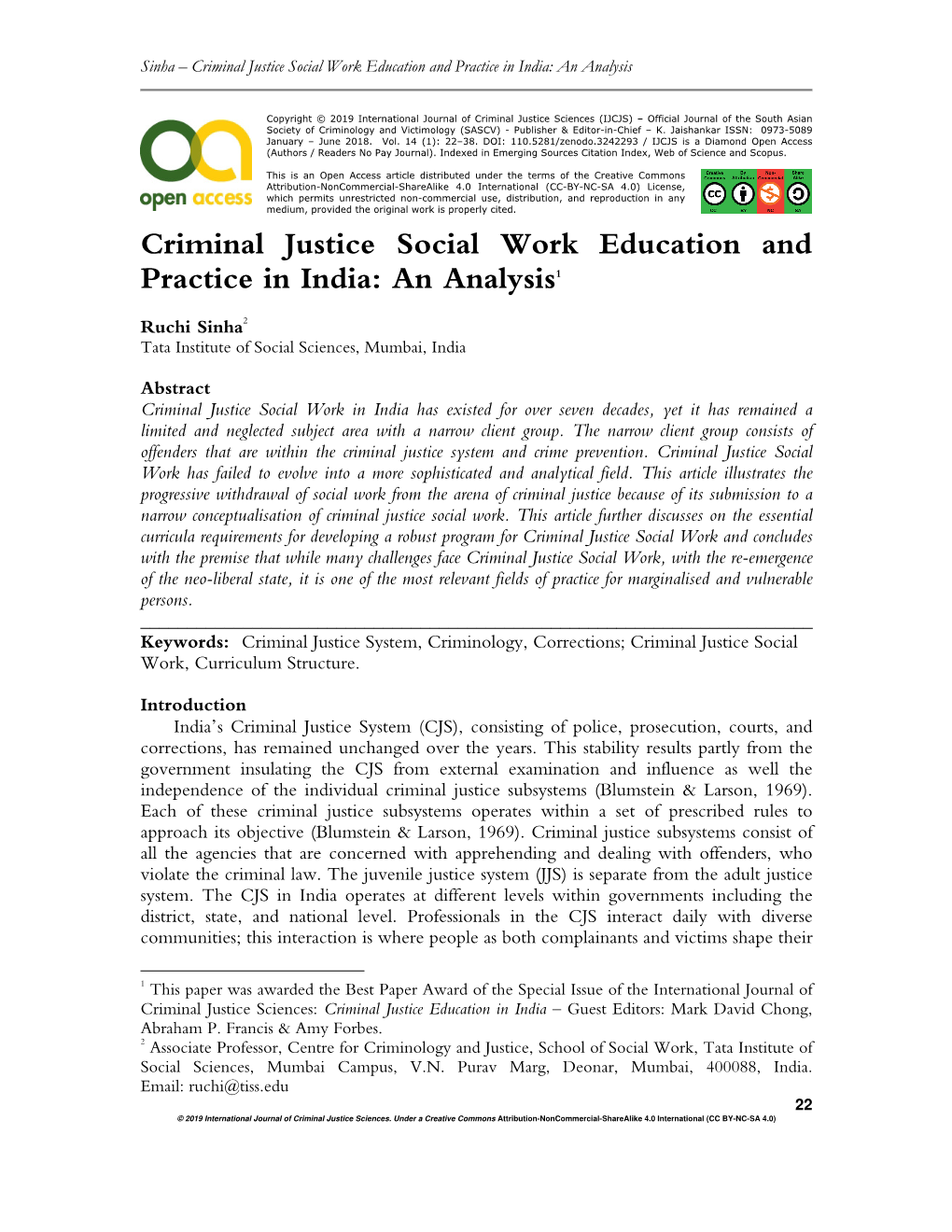 Criminal Justice Social Work Education and Practice in India: an Analysis